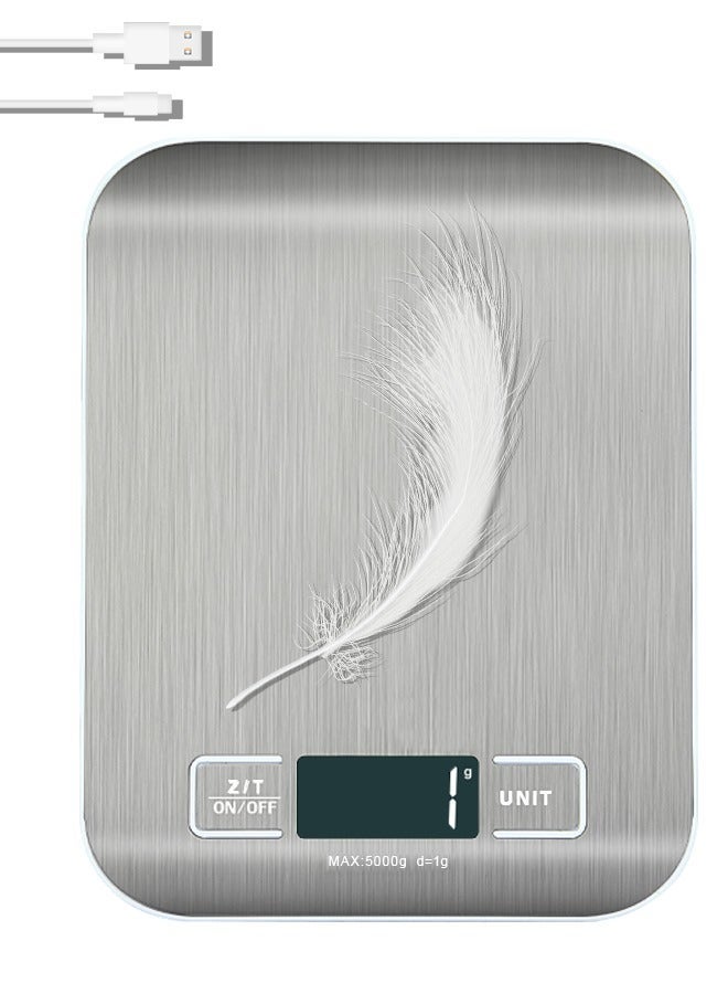 BASILKIT 5kg Precision Digital Kitchen Scale Rechargeable with USB Type-C Charging & LCD Display, Stainless Steel Food Scale in Silver for Cooking Baking with g/oz/lb/ml Units - Image 1